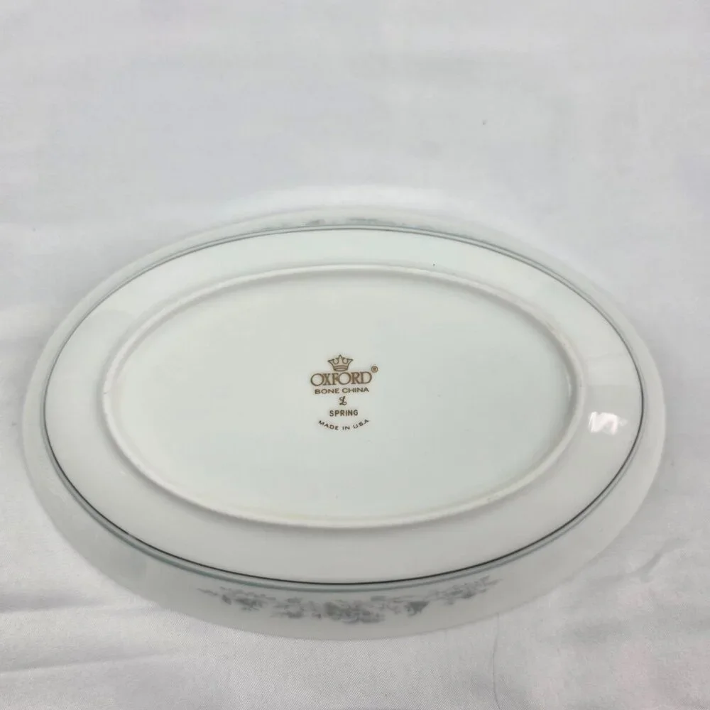 Oxford China Spring 8 Inch Oval Serving Bowl Multicolor Floral Rim Aqua Band